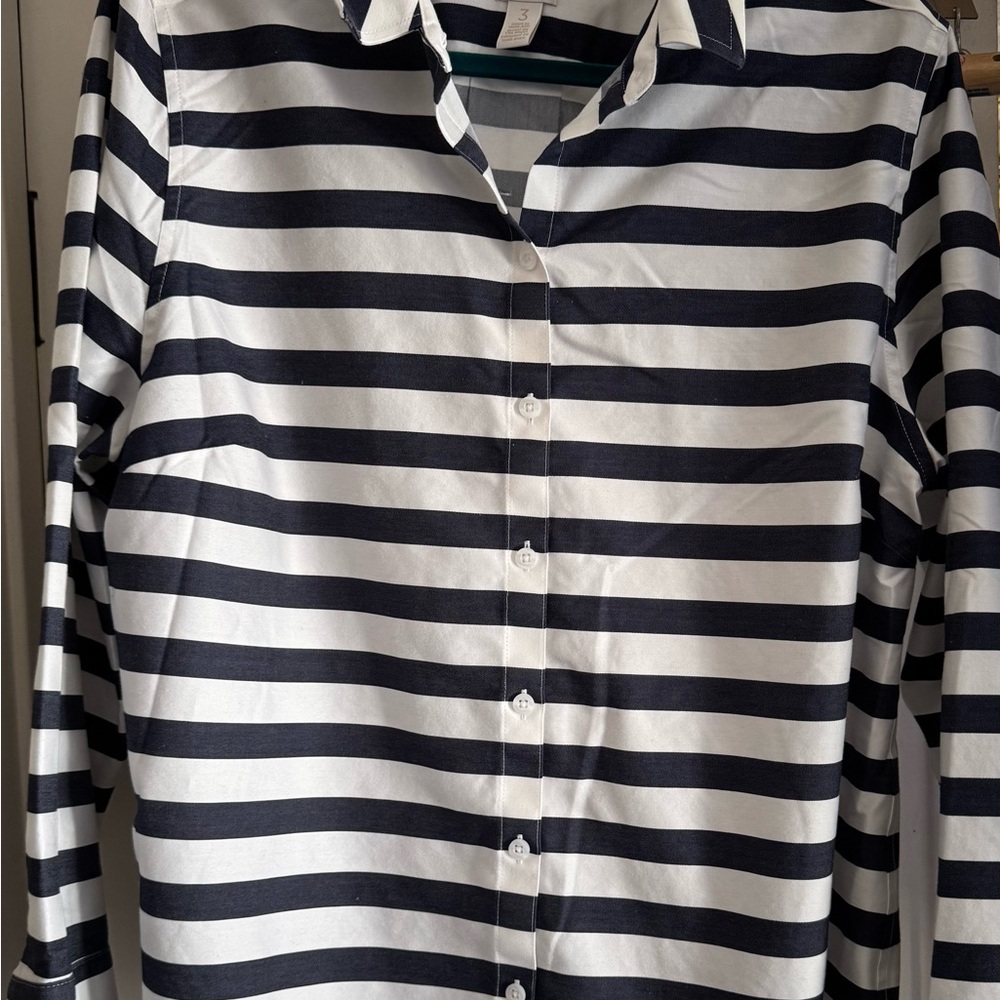 Chico's Navy and White Striped Casual Shirt